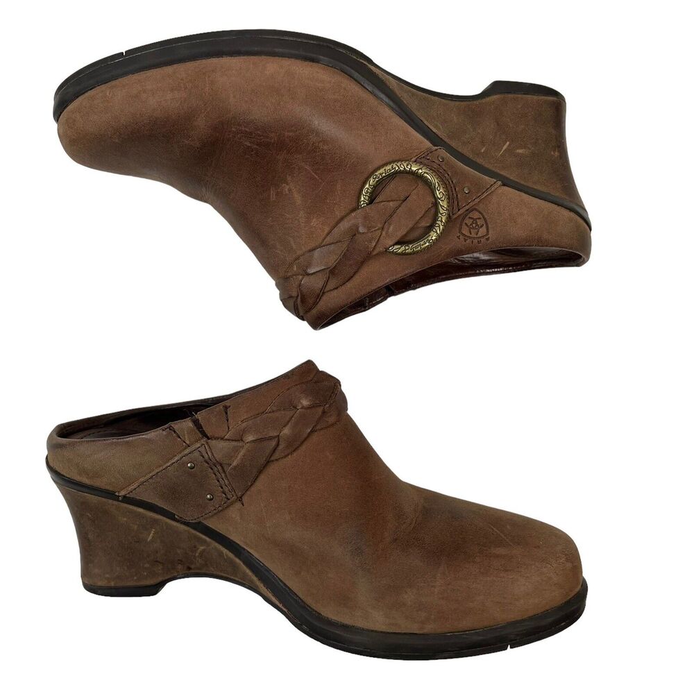 Ariat Women's Size 6.5 Clogs Distressed Brown Leather Wedge Heel Western
